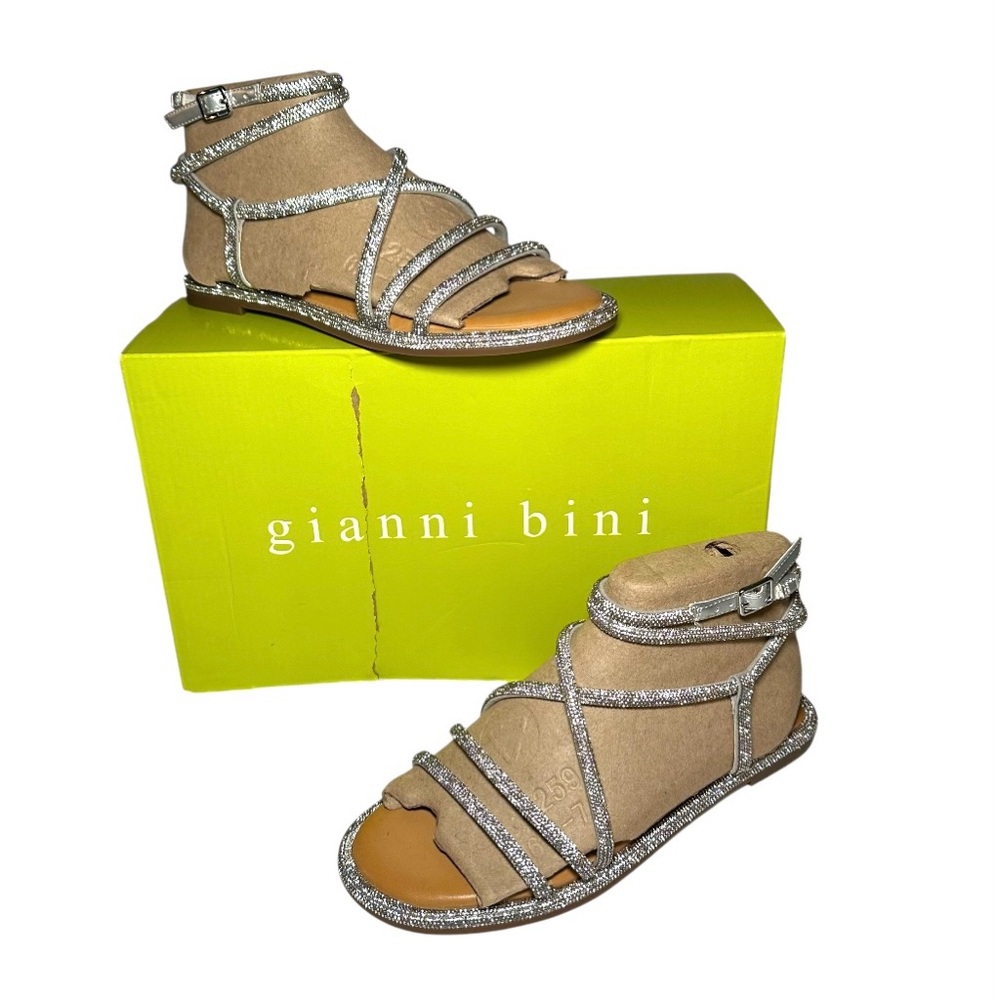 Gianni Bini Beige Suede Gladiator Sandals with Silver Glitter Straps